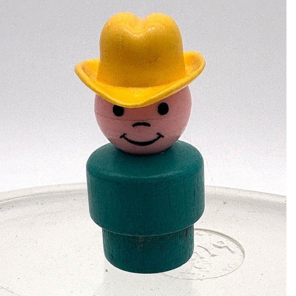 Vintage Fisher Price Little People Wood Cowboy Figure Yellow Hat Teal Green Body